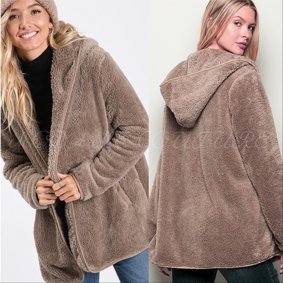 Cozy Sherpa Fur Hoodie Teddy Coat - Tan - Picture 3 of 5